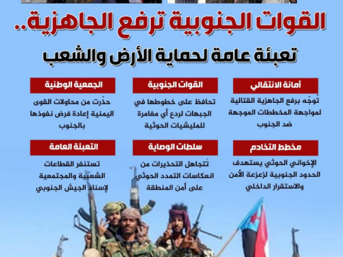 القوات الجنوبية ترفع الجاهزية.. تعبئة عامة لحماية الأرض والشعب (إنفوجراف)